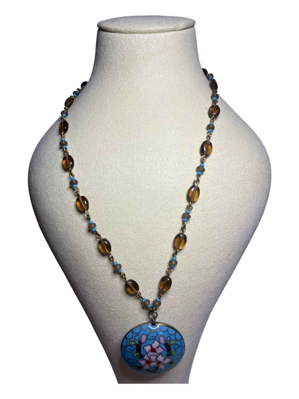 Artisan Blue Cloisonné Pendant Necklace with real Amber Beads